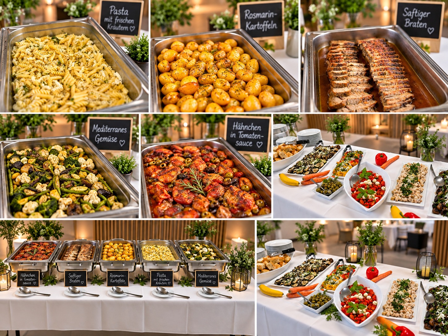 Collage mit Buffet-Impressionen: warme Speisen, Fingerfood und Desserts von Oskar's Catering in Seligenstadt.