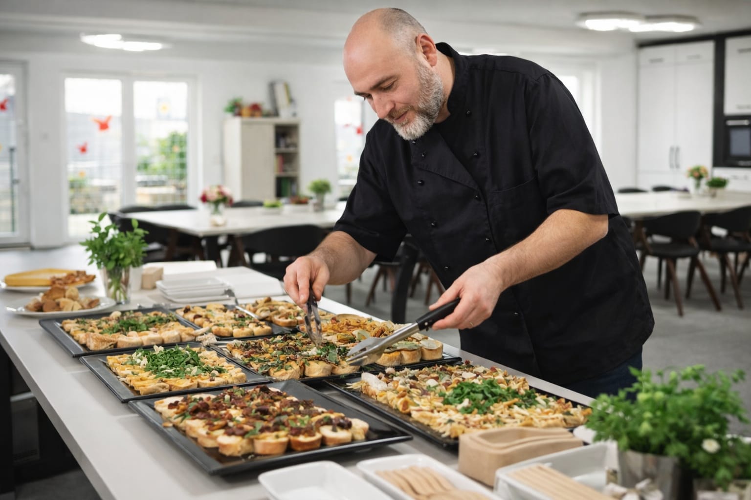Oskar richtet ein Buffet aus Antipasti und Fingerfood in modernem Esssaal an.