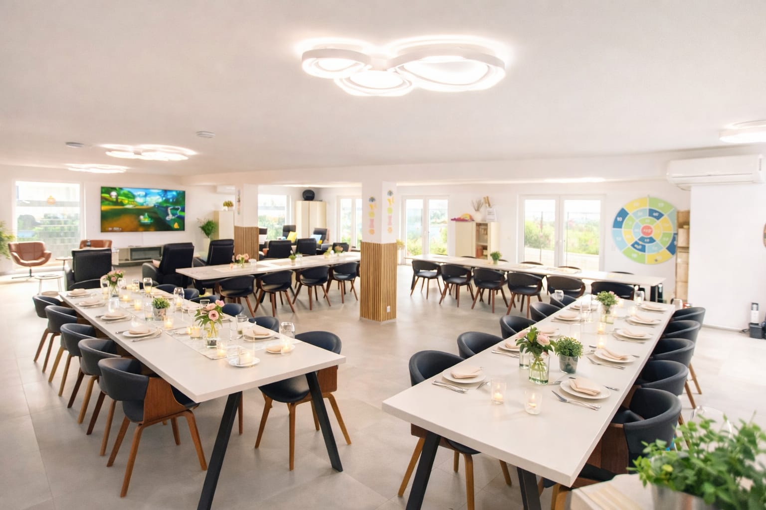 Festlich gedeckte lange Tafeln mit Kerzen und Blumen in heller Eventlocation auf zwei Ebenen.