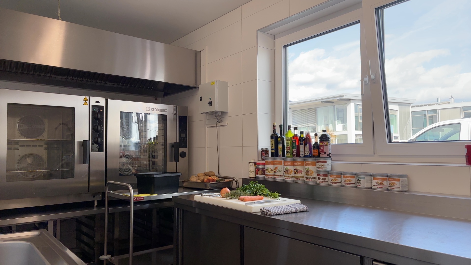 Profi-Küche mit zwei Combi-Steamern, frisches Gemüse auf Schneidebrett, Tageslicht durchs Fenster.