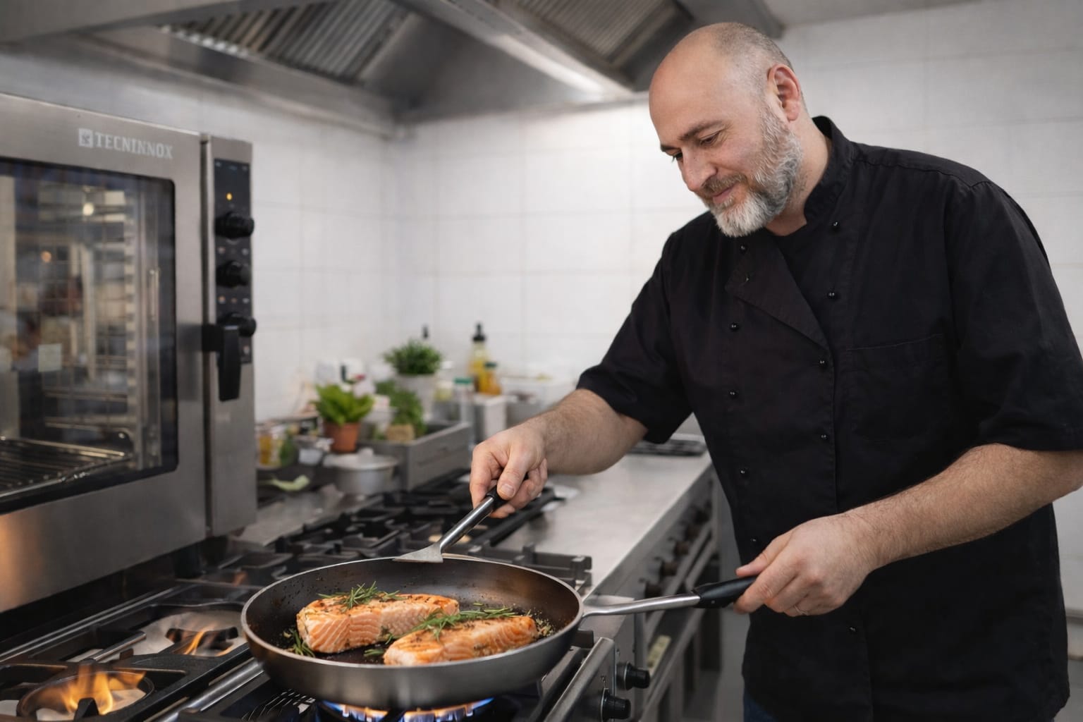 Oskar brät Lachsfilets in einer Pfanne auf einem professionellen Gasherd, dahinter Combi-Steamer.